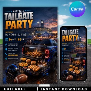Puede incluir: Un folleto digital y una pantalla de smartphone para una Football Tailgate Party con una camioneta azul con portón abierto que contiene una parrilla, hamburguesas, perritos calientes y bebidas. Un casco y un balón de fútbol están cerca.