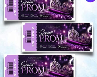 Prom Ticket Template | Senior Prom Night Ticket | Purple Silver Glitter Bokeh Event Ticket | Editable Corjl Ticket Template | Printable