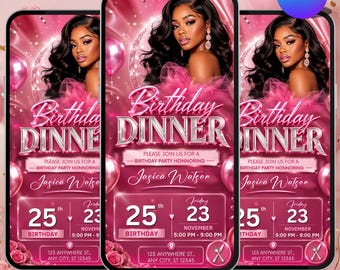 Pink Birthday Dinner Invitation, Editable Canva Birthday Invite, Digital Birthday Party Evite, Text Invitation Template