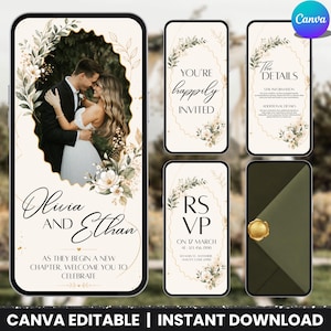 Könnte beinhalten: Ein Set aus fünf digitalen Hochzeitseinladungsvorlagen auf Smartphone-Bildschirmen. Die Designs zeigen cremefarbene Hintergründe, florale Akzente und elegante Typografie. Der Text umfasst Olivia and Ethan, You're happily invited, The Details und RSVP.