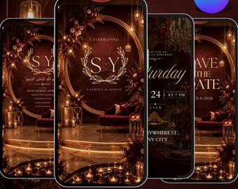 Burgundy & Gold Muslim Wedding Video Invitation, Luxury Islamic Wedding Invite, Digital Nikah Invitation, Elegant Animated Wedding Invite