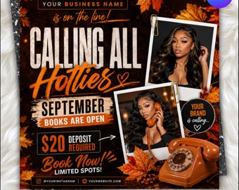 September Booking Flyer | Fall Season Booking Flyer | September Books Open | September Lash Nails Braids MUA Wig Autumn Flyer | Fall Szn