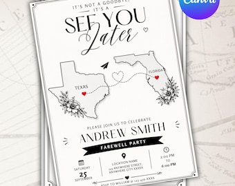 Farewell Invitation, Editable Farewell Party Invite, Personalized Map Theme Invitation, Going Away Party Invite, Printable DIY Canva