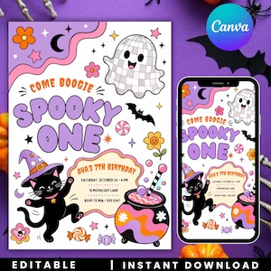 Zaproszenie na urodziny Groovy Pumpkin, zaproszenie na imprezę z jesiennymi dyniami, szablon Canva na urodziny w stylu retro jesiennym, edytowalne zaproszenie dla dzieci