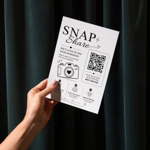 Wedding Photo QR Code Card, Snap & Share Sign Template, Bridal Shower Photo Sharing Card, Scan and Share Wedding Pictures