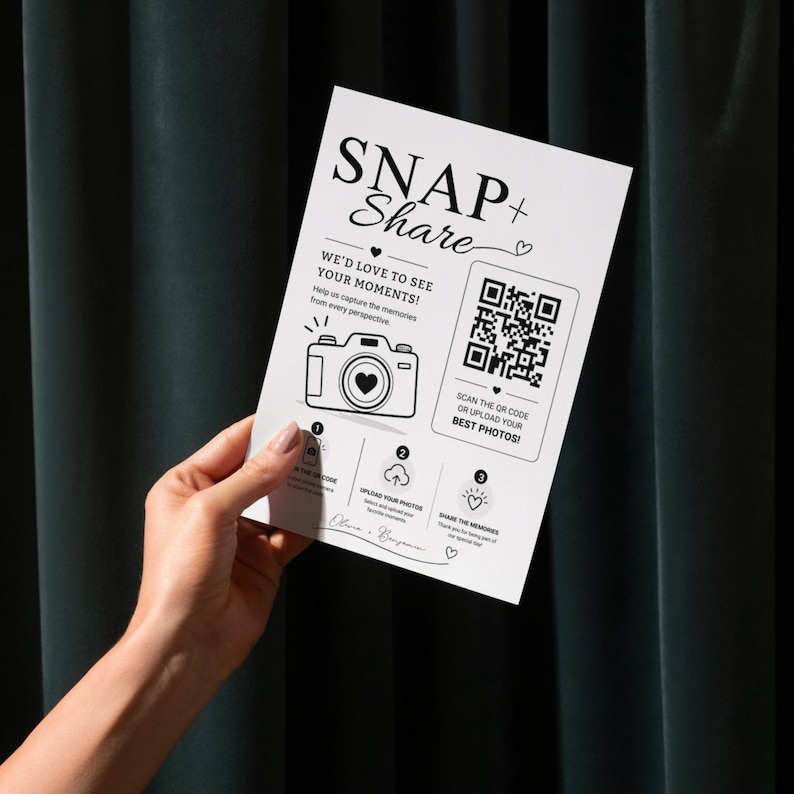 Wedding Photo QR Code Card, Snap & Share Sign Template, Bridal Shower Photo Sharing Card, Scan and Share Wedding Pictures