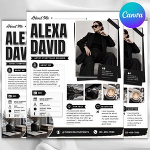 Peut inclure: Un modèle About Me en noir et blanc présentant le nom Alexa David, une photographie d'une personne en costume noir, une biographie, une anecdote et des favoris. La mise en page inclut des icônes pour la date de naissance, l'âge et la taille.