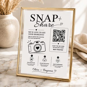 Wedding Photo QR Code Card, Snap & Share Sign Template, Bridal Shower Photo Sharing Card, Scan and Share Wedding Pictures