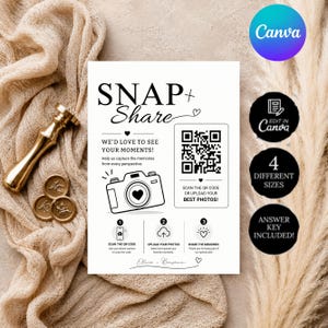 May include: A white sign with the text "SNAP + Share" and instructions for sharing photos via QR code. The sign includes the Canva logo, and the text "4 DIFFERENT SIZES" and "ANSWER KEY INCLUDED!" are also visible.