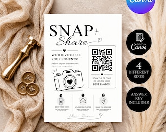 Wedding Photo QR Code Card, Snap & Share Sign Template, Bridal Shower Photo Sharing Card, Scan and Share Wedding Pictures