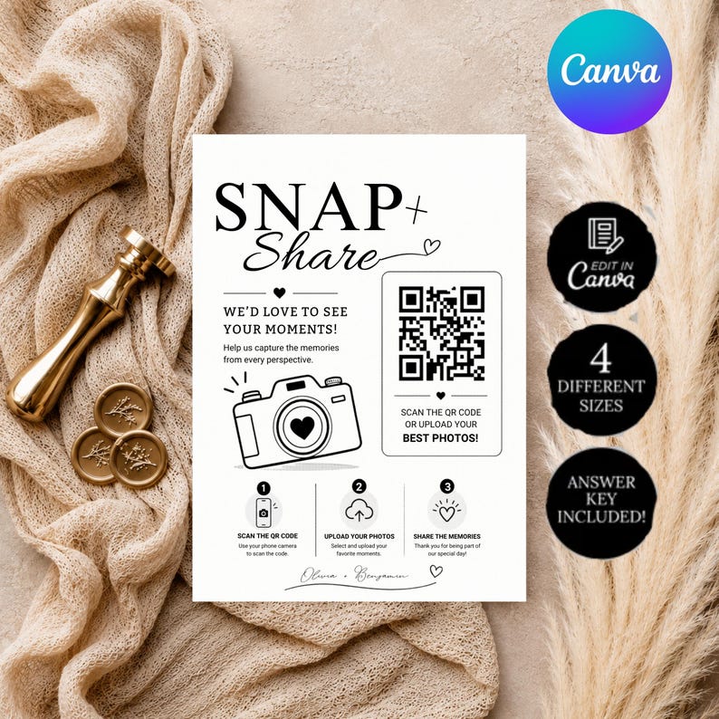 Wedding Photo QR Code Card, Snap & Share Sign Template, Bridal Shower Photo Sharing Card, Scan and Share Wedding Pictures