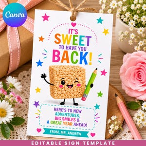 Back To School Crispy Rice Gift Tag Template, First Day of School Krispie Treat Tag, Printable Class Favor Tag, Editable Welcome Back Tag