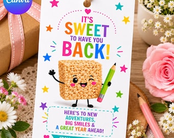Back To School Crispy Rice Gift Tag Template, First Day of School Krispie Treat Tag, Printable Class Favor Tag, Editable Welcome Back Tag