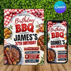 May include: A digital invitation for a birthday BBQ, featuring a red and white checkered pattern, grilled food illustrations, and the text "Birthday BBQ" in bold red letters. The invitation includes event details and RSVP information.