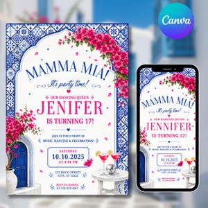 May include: A digital invitation with a Mediterranean theme. The design features the words "MAMMA MIA!" and "It's party time!" in a decorative font, with the name "JENIFER" and the age "17!" in pink. The invitation includes a date, time, and location.