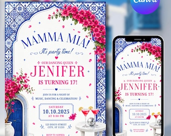 Mamma Mia Birthday Invitation Template, Editable Disco Dancing Queen Invite, Italian Blue Tile Sweet 17 Party Invitation