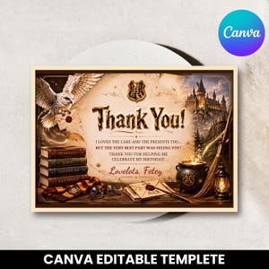 Wizard Thank You Card Template, Magic School Birthday Thank You Card, Editable Printable Thank You Card, Kids Party Favor Card, Digital Down