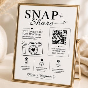 Wedding Photo QR Code Card, Snap & Share Sign Template, Bridal Shower Photo Sharing Card, Scan and Share Wedding Pictures
