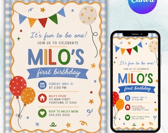 It's Fun to Be One Birthday Invitation, Boy 1st Birthday Invite, First Birthday Canva Template, Printable Digital Invitation