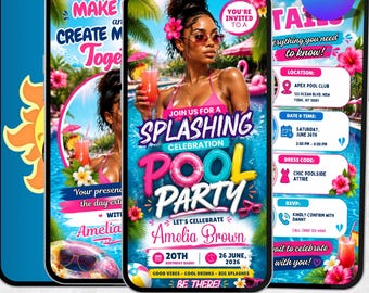 Pool Party Birthday Video Invitation | Pink Pastel Waterpark Splash Party | Animated Editable Canva Template | Digital Invite