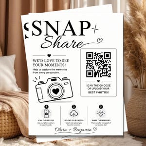 Wedding Photo QR Code Card, Snap & Share Sign Template, Bridal Shower Photo Sharing Card, Scan and Share Wedding Pictures