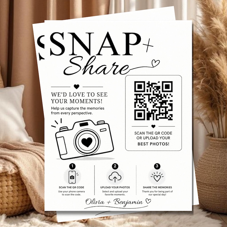 Wedding Photo QR Code Card, Snap & Share Sign Template, Bridal Shower Photo Sharing Card, Scan and Share Wedding Pictures