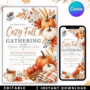 Könnte beinhalten: Eine digitale Einladungsvorlage für ein herbstliches Treffen mit Aquarellillustrationen von Kürbissen, Herbstblättern, Äpfeln, Zimtstangen und einer Tasse Apfelwein. Der Text enthält Angaben zu Datum, Uhrzeit und Veranstaltungsort.