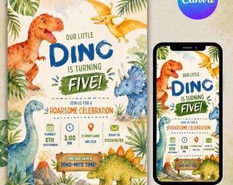 Personalized Watercolor Dinosaur Birthday Invitation, Editable Dino Party Invite, Printable Dinosaur Invitation, Boy Birthday Invitation