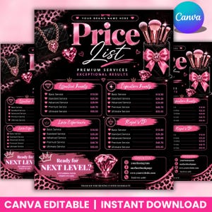 Puede incluir: Una plantilla de lista de precios en negro y rosa con un porta brochas de maquillaje con un lazo rosa, un bolso acolchado y diamantes. El texto incluye Price List, Premium Services, Exceptional Results y Ready for Next Level.