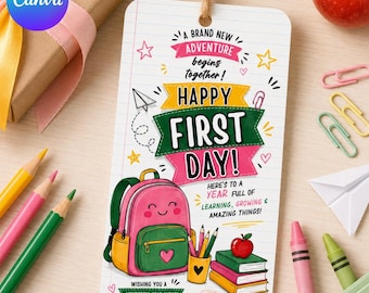 First Day of School Gift Tag Printable | Back to School Tag Canva Template | Class Gift for Teachers | Cute Pennants Cookie Tag