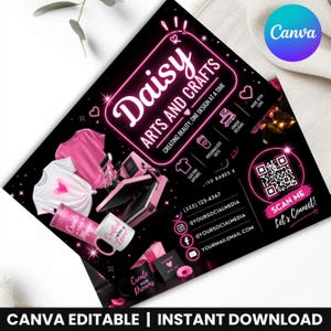 May include: A black promotional flyer for Daisy Arts and Crafts featuring neon pink text, a QR code, and graphics of a pink t-shirt, a heat press machine, a tumbler, and a mug. The flyer includes contact details, social media handles, and icons.
