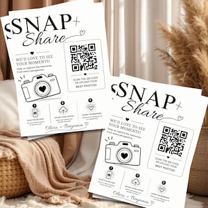 Wedding Photo QR Code Card, Snap & Share Sign Template, Bridal Shower Photo Sharing Card, Scan and Share Wedding Pictures