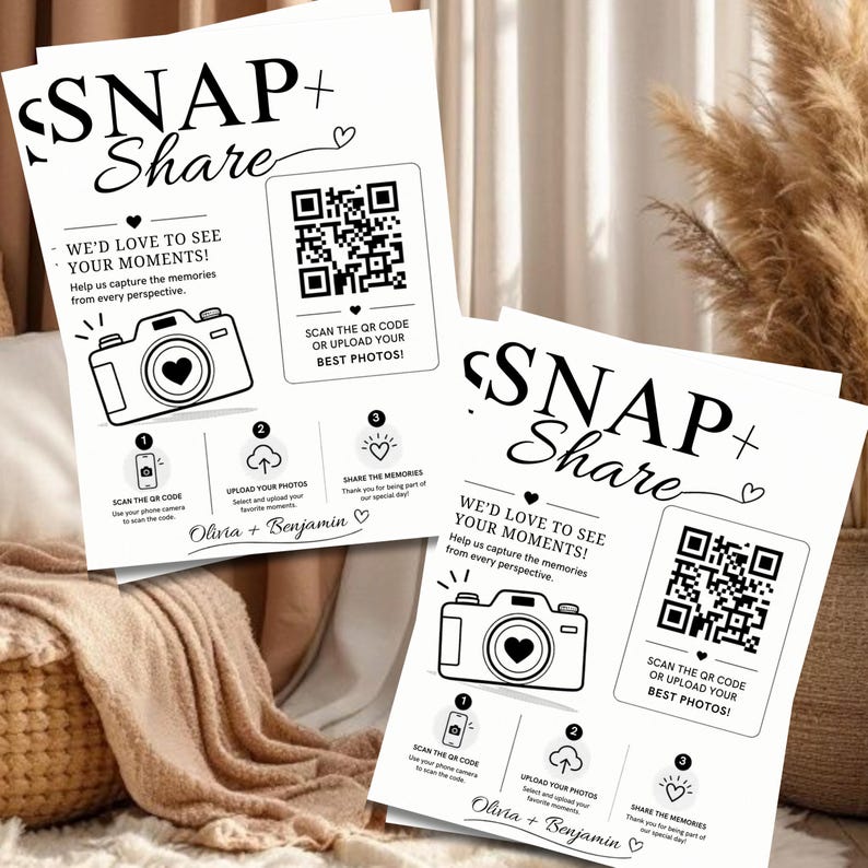 Wedding Photo QR Code Card, Snap & Share Sign Template, Bridal Shower Photo Sharing Card, Scan and Share Wedding Pictures