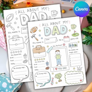 Peut inclure: Deux feuilles blanches avec le texte "ALL ABOUT MY DAD" dans une police ludique. Les feuilles comportent des sections à remplir pour les détails personnels, les dessins et les choses préférées, parfaites pour un cadeau de la fête des pères.