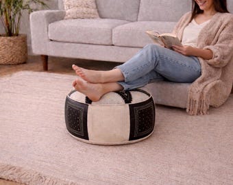 Handgefertigter marokkanischer Leder Pouf | Echter Leder Hocker | Boho Fußhocker | Ungefülltes Sitzkissen | Handwerkskunst aus Fès
