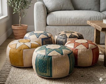 Pouf marocain en cuir fait main | Ottoman en cuir véritable | Repose-pieds bohème | Coussin de sol non rembourré | Décoration intérieure