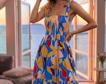 Smocked Tiered Boho Maxi Dress, Tie Strap Summer Sundress, Square Neck Long Dress, Flowy Beach Vacation Outfit, Tiered A-Line Sun Dress