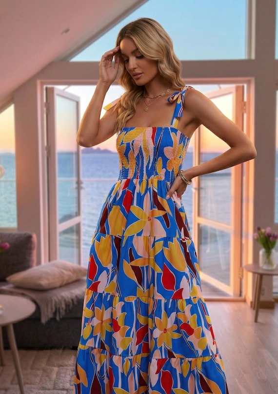 flowy a line maxi dress Smocked Tiered Boho Dress, Tie Strap Summer Sundress, Square Neck Long Dress, Beach Vacation Outfit, Tiered A-Line Sun Beden:40 A Line Backless V low hem that creates VELVET DRESSES