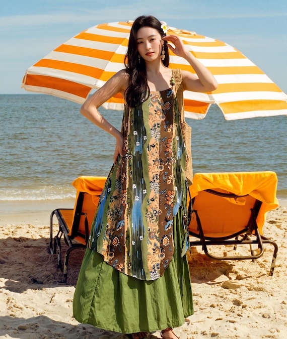 one size fits all beach dress Bohemian Multi-pattern Maxi Dress, Summer Dress, Tiered Green&brown Floral Sun Dress, Boho Hippie Style Resort Wear cotton tshirt dress Elegant Sheer Black Sequin Color:off white. tropical print