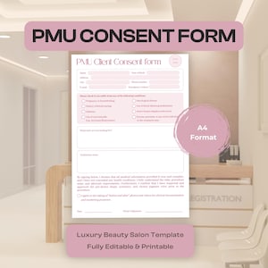 以下が含まれることがあります： ピンクと白のPMU同意フォームテンプレートで、「PMU CONSENT FORM」と表示されています。フォームには、クライアント情報と健康状態のセクションが含まれています。「Luxury Beauty Salon Template」というテキストが一番下にあります。