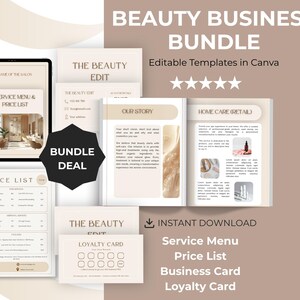 Op de afbeelding: Een beauty business bundle met bewerkbare sjablonen in Canva. Inclusief een servicemenu, prijslijst, visitekaartje en klantenkaart. Het ontwerp heeft een neutraal kleurenpalet met de tekst "Beauty Business Bundle".