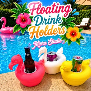 Könnte beinhalten: Drei aufblasbare schwimmende Getränkehalter in Vogelform in den Farben leuchtendes Pink, Weiß und Gelb. Der pinke Halter enthält eine dunkle Glasflasche, der weiße eine violette Aluminiumdose und der gelbe eine bunte Getränkedose.
