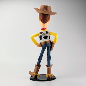 May include: A cowboy action figure seen from behind, wearing a brown textured hat, a yellow long-sleeved shirt, a white vest with black cow-print spots, blue pants, and brown boots with gold spurs, standing on a circular black base.
