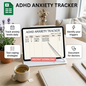 May include: A digital ADHD anxiety tracker displayed on a tablet screen with a stylus. The interface includes columns for date, anxiety levels, triggers, coping strategies, notes, and ratings. Text overlays include ADHD ANXIETY TRACKER and INSTANT DOWNLOAD.