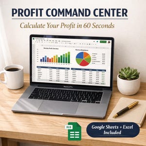 May include: A laptop showing a spreadsheet with graphs and data, with the text "PROFIT COMMAND CENTER" and "Calculate Your Profit in 60 Seconds." A coffee mug, succulent plant, notebook, and pen are on the wooden desk. Includes Google Sheets and Excel.