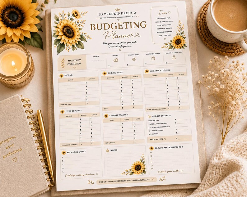 Sunflower Budget Planner Printable | Monthly Budget Tracker | Financial ...