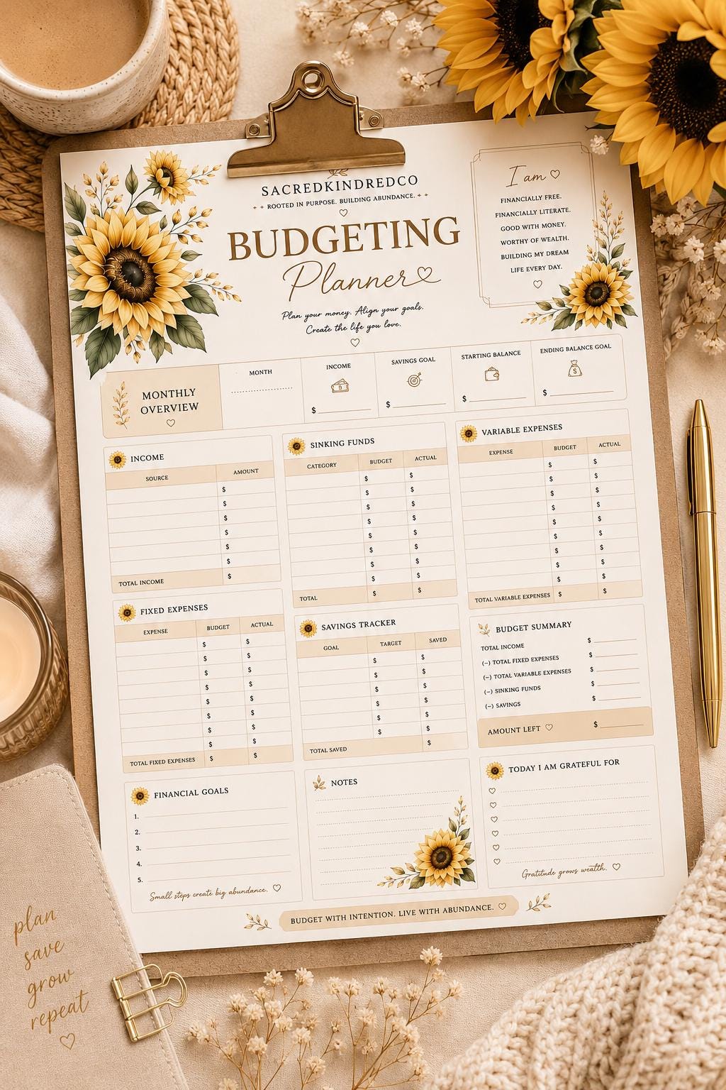 Sunflower Budget Planner Printable | Monthly Budget Tracker | Financial ...