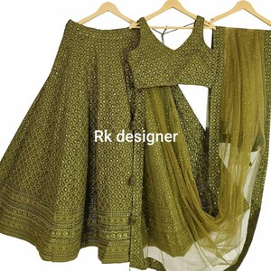 Mehendi Green Georgette Lehenga Choli, Sequins Embroidery, Indian Wedding Festive Wear Set