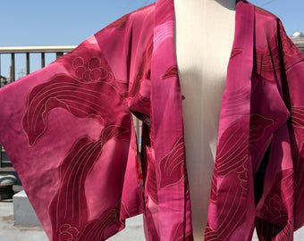 Vintage Wine Red Haori — Burgundy Silk Kimono Jacket | Japanese Kasumi Mist Yuzen | Wabi Sabi Aesthetic