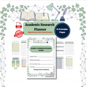 May include: An academic research planner digital file set featuring 15 printable pages. The cover page includes fields for project title, researcher name, institution, and date, decorated with ivy vines, books, a lamp, and a quill pen illustration.